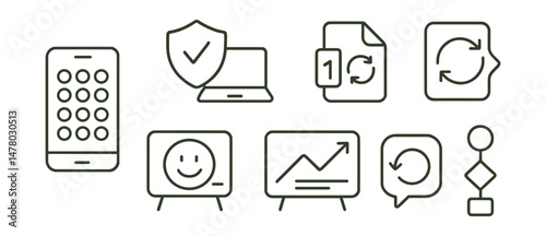 Line style icons of sustainable digital habits: habit tracker icon, check-in with tech badge, monthly audit tag, 1 new rule file, weekly reflect board, renew and revise chart, intentional repeat