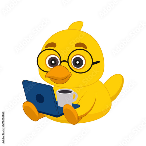 a yellow humanoid duck glasses sits laptop vector art