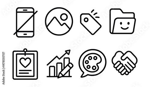 Line style icons of creative content expression: make not scroll icon, photo with purpose badge, share original tag, express me file, content from heart board, draw not scroll chart, content as art