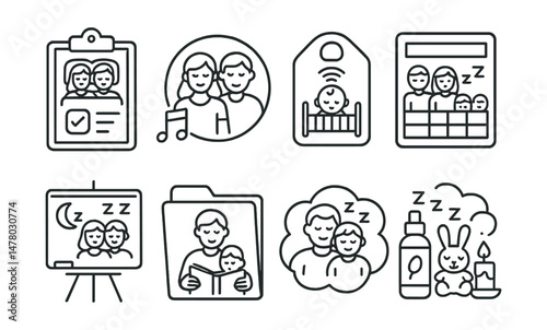 Line style icons of shared sleep routines: co-sleeping plan icon, partner wind-down badge, baby monitor tag, family bedtime chart, shared quiet time board, read together file, group sleep bubble,