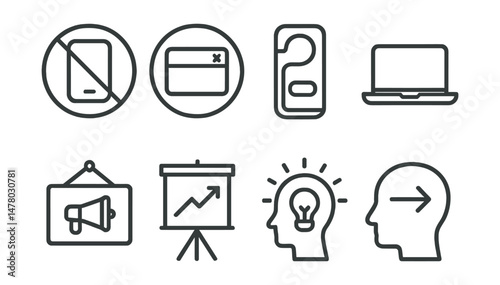 Line style icons of focused classroom environments: phone off icon, no pop-ups badge, distraction-free desk tag, screen-down signal file, quiet zone board, “stay with task” chart, focus light bubble,