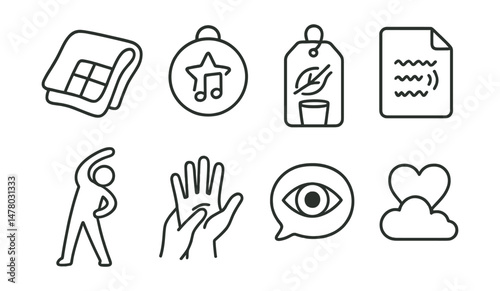 Line style icons of self-soothing techniques: warm blanket icon, favorite song badge, breath + sip tag, repeat calm word file, gentle stretch board, hand massage chart, slow blinking bubble,