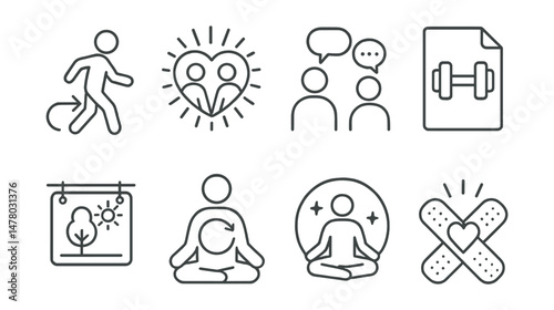 Line style icons of offline recovery and healing: step away icon, reconnect in real life badge, supportive offline chat tag, physical activity file, nature time board, reset in body chart, offline