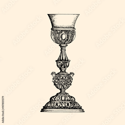 Sacred Chalice: An ornate and intricate chalice, rendered in a timeless monochromatic style, stands as a symbol of reverence and historical elegance.