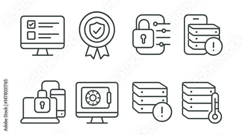 Line style icons of data storage security: trusted device list, authorized access only badge, withdrawal delay setting, backup device registration, recovery device linking, custody vault client