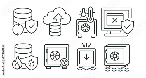 Line style icons of data storage security: redundant backup system, offsite backup service, climate-controlled storage vault, disaster recovery protocol, damage-resistant cold storage,