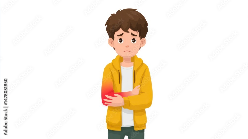 Fototapeta premium A boy in a yellow hoodie holding his arm showing signs of pain or discomfort