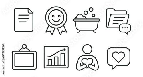 Line style icons of self-kindness routines: “you did enough” icon, smile at self badge, warm bath tag, talk kindly file, give grace board, rest without guilt chart, hold the heart bubble, inner ally