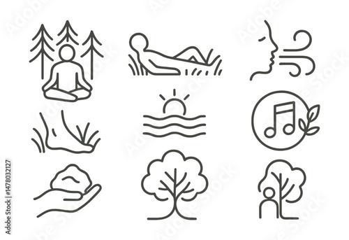 Line style icons of nature-based recovery: forest bath icon, lie in grass badge, wind and breath tag, barefoot in nature file, water and stillness board, natural sounds chart, earth reconnect bubble,