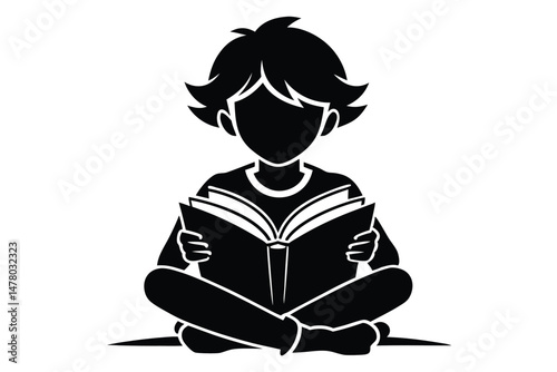 Silhouette of a Boy Reading Book Crosslegged, Leisurely Reading Activity Illustration