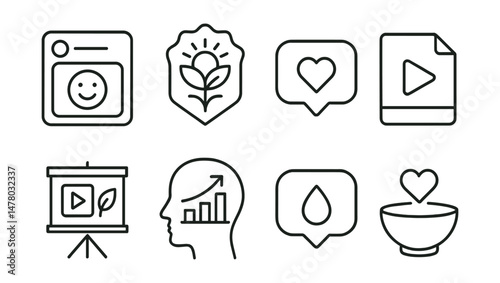 Line style icons of content for wellbeing: smile post icon, hope story badge, kind comment tag, gratitude video file, educational reel board, mental boost chart, reflective post bubble, soul feed