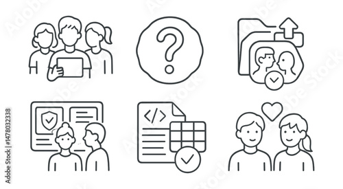 Line style icons of youth-led content awareness: teen media club icon, “what’s real?” badge, peer media talk tag, choose platform file, safe scroll board, media code chart, group digital check-in