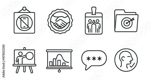 Line style icons of school-wide focus culture: no-phone poster icon, attention agreement badge, peer support tag, focus initiative file, student-led reminders board, culture of quiet chart, anchor