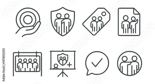 Line style icons of peer protection and inclusion: support the target icon, peer ally badge, include others tag, friend invite file, kindness crew board, peer defenders chart, “check on them” bubble,