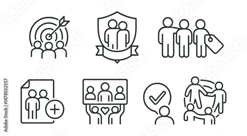 Line style icons of peer protection and inclusion: support the target icon, peer ally badge, include others tag, friend invite file, kindness crew board, peer defenders chart, “check on them” bubble,