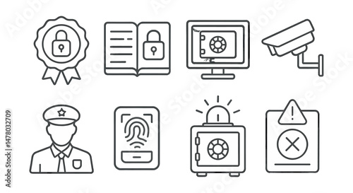 Line style icons of data storage security: tamper-evident seal icon, physical access logbook, remote vault monitoring system, video surveillance of vault, 24/7 vault security guard, biometric vault