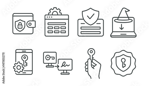 Line style icons of data storage security: data wallet initialization, wallet seed creation, secure seed generation, cold wallet setup wizard, private key generation screen, air-gapped key signing,