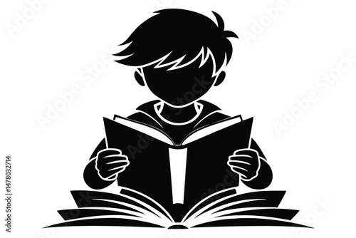 Silhouette of a Boy Reading an Open Book with Pages Fanned Outward