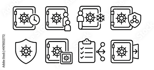 Line style icons of data storage security: vault access cooldown timer, vault approval queue, withdrawal freeze function, emergency withdrawal multi-sig, custodial withdrawal delay badge, vault