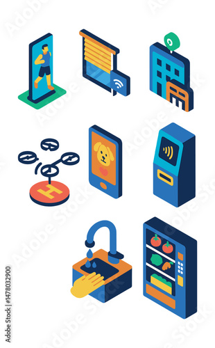 Isometric flat vector icons of Smart Urban Living: smart fitness mirror, automated home blinds, pet care app, air quality sensor on building, delivery drone landing pad, sensor-controlled water tap,