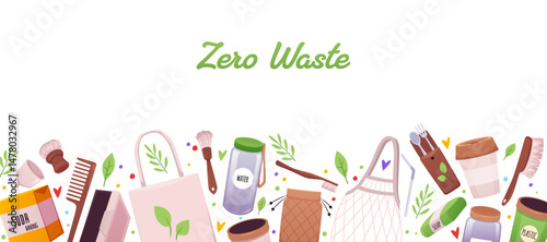 Zero waste border design, ECO lifestyle, ecological elements, recycle reuse glass bottles, cutlery, hygiene accessories