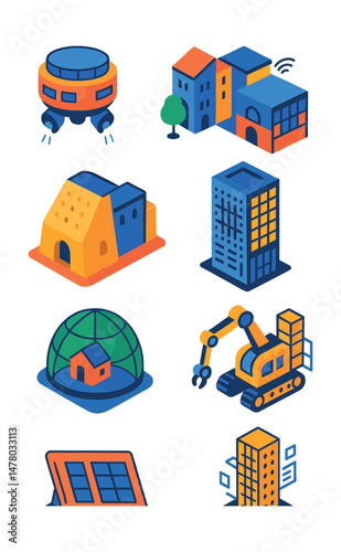 Isometric flat vector icons of Architectural Innovation: floating city pod, adaptive reuse building, smart museum structure, energy-harvesting façade, desert cooling architecture, climate-proof dome,