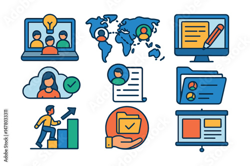 Isometric flat vector icons of Remote Team Collaboration: idea pitch session online, cross-country project teams, live edit permissions, cloud-based approval flow, remote onboarding steps, delegated