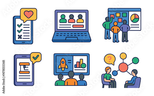 Isometric flat vector icons of Startup Incubation: early adopter feedback form, incubator program portal, team ideation wall, market research chart, prototype feedback loop, virtual pitch room,