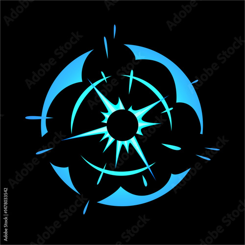 Bomb explosion, detonated boom flash cartoon game bang effect, vector blue smog and haze round trace sparks, weapon shot