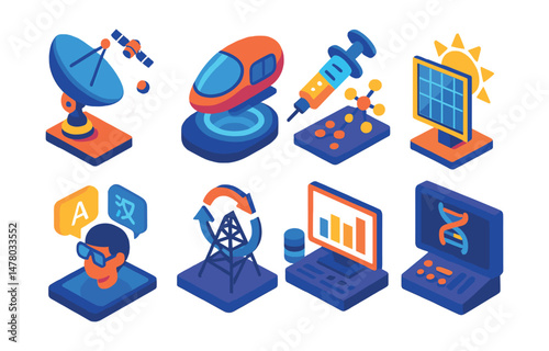 Isometric flat vector of Tech Breakthroughs: real-time space communication relay, fusion-powered transport pod, nano-medicine injector, solar window panel, multi-language AR translator, energy grid