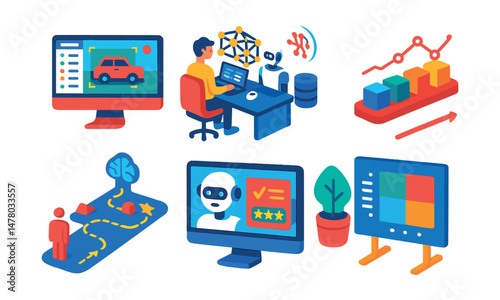 Isometric flat vector of AI Development: data annotation tool, AI research lab desk, training process timeline, reinforcement learning path, AI-powered recommendation engine, AI ethics checklist,