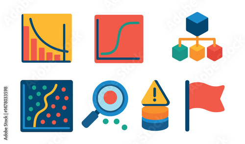 Isometric flat vector of Machine Learning Models: cross-entropy loss chart, activation function curve, binary classifier output, multiclass model structure, anomaly detection graph, outlier
