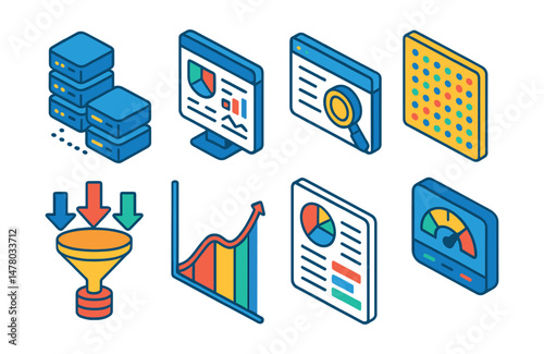 Isometric flat vector of Big Data Insights: distributed computing cluster, data metrics dashboard, big data search engine, data correlation matrix, business insights report, trend forecasting curve,