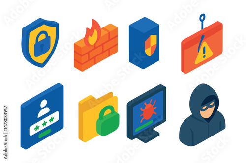Isometric flat vector of Cybersecurity Essentials: shield with lock symbol, firewall barrier, antivirus software box, phishing alert popup, secure login interface, encrypted file folder, malware