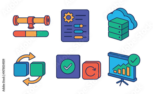 Isometric flat vector icons of DevOps & Cloud Automation: infrastructure pipeline status bar, configuration management panel, YAML script sheet, remote server provisioning, blue-green deployment