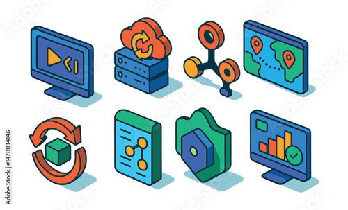 Isometric flat vector icons of DevOps & Cloud Automation: developer portal with CI integration, automated failover system, Git workflow automation, cross-region deployment viewer, ephemeral