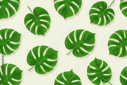 This seamless pattern features vibrant green Monstera leaves arranged in a repeating design against an off-white background.