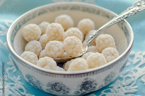 spoon white raspberries in porcelain bowl with silver