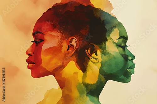 Profiles of African young women, Pan-Africanism, Africa Day, Youth Day, juneteenth, illustration, Kwanzaa