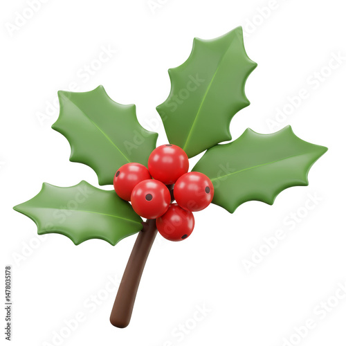 Christmas Holly With Red Berries. Traditional festive decoration. Holly branch with red berries oisolated on transparent background, PNG 