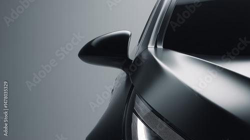 Close-up view of a sleek black car's side mirror and contours under soft lighting.