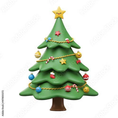 3D Christmas Decorated Tree isolated on transparent backgorund, Cartoon Christmas tree PNG 
