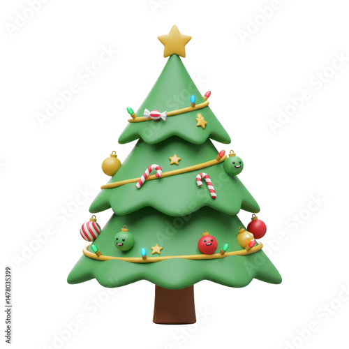 3D Christmas Decorated Tree isolated on transparent backgorund, Cartoon Christmas tree PNG 