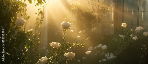 Fototapeta Naklejka Na Ścianę i Meble -  white rose garden in golden hour sunlight