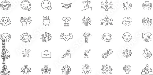 Core Values Line Editable Icons set. Vector illustration in modern thin line style of beliefs related icons: happiness, work, community, and more.