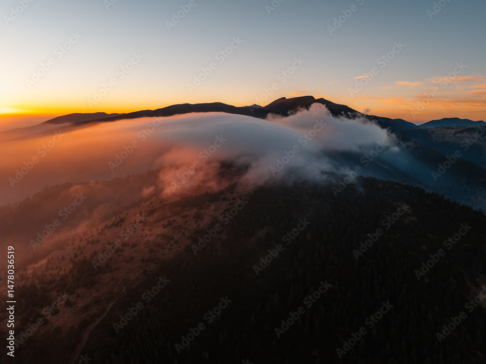 Sunset over Liptov region in Low Tatras mountains. Lajstoch near certovica pass landspace, slovakia.