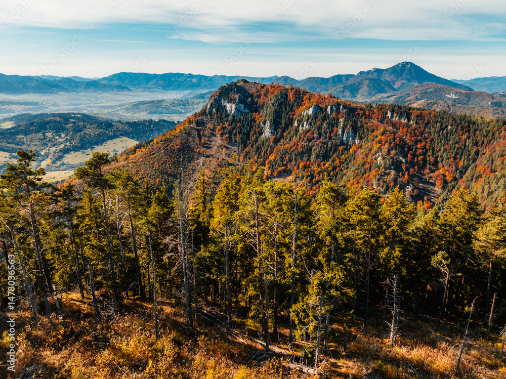 Liptov region with Pravnac rock with Tatras mountains around. Liptovsky Mikulas landscape, Slovakia.
