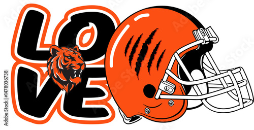 Football helmet next to a fierce tiger face, with tiger claw marks slashing across the side of the helmet. Bold black and orange vector design, perfect for powerful sports graphics with attitude.
