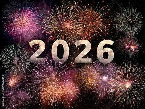 Imagem com letreiro dourado de 2026, com fundo escuro e iluminado. Um símbolo visual de comemoração e boas-vindas ao novo ano, ideal para projetos festivos e de marketing photo