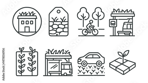 Line style icons of eco-friendly infrastructure: green roof on building badge, permeable path tag, tree-lined bike lane icon, living bus stop file, vertical plant station, green tram shelter board,